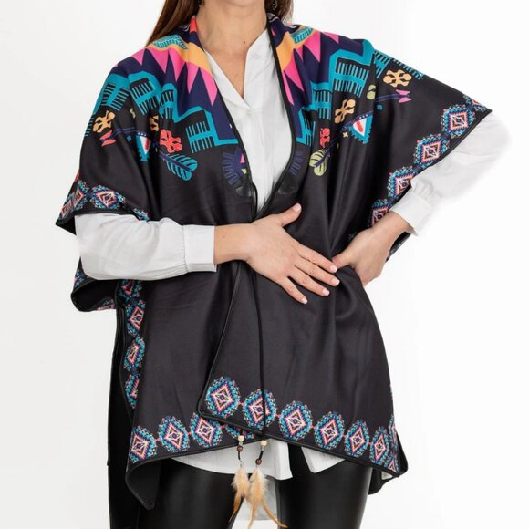 Boho Print Multi color shawl/wrap poncho  with feather detail - Picture 1 of 3